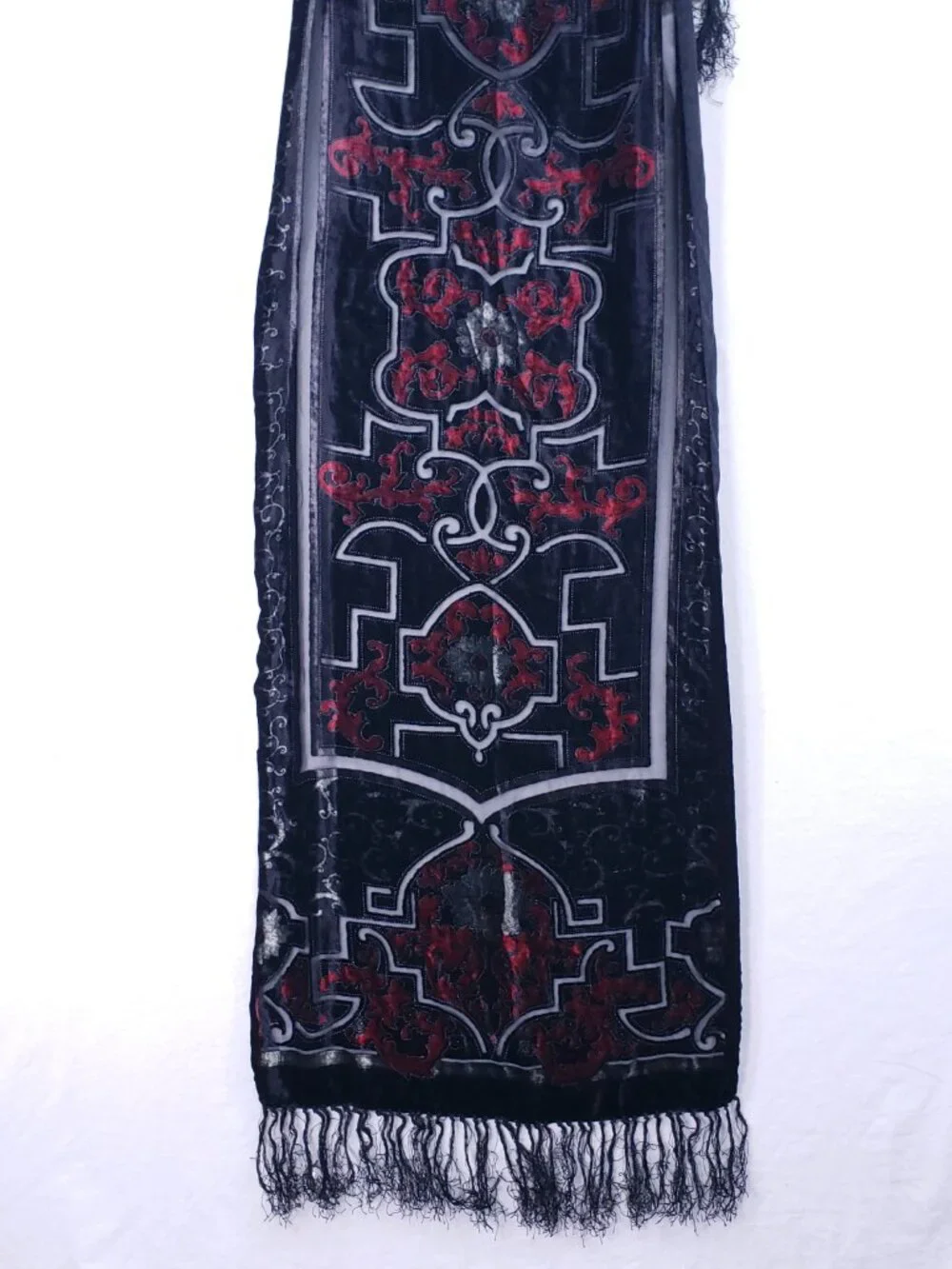 100% Silk Scarf Shawl Romantic Velvet Elegant Party Renaissance Geometric Black